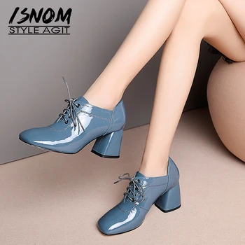 ISNOM Brevet pentru Femei din Piele Dantela Sus Pompe Deget de la picior Pătrat Încălțăminte, Tocuri inalte Doamnelor Pantofi de Moda Catâri Pantofi de Femeie 2021 Nouă Primăvară