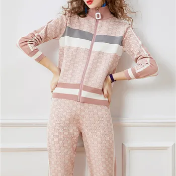 HANZANGL New sosire 2020 toamna noua moda de stradă tricotate sacou și pantaloni costum tricotat de agrement două piese de costume roz/gri