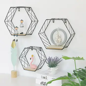 Fier De Grila Hexagonală Raft De Perete Combinație Agățat De Perete Figura Geometrica Pentru Decor Perete Living Dormitor Nordic Rack