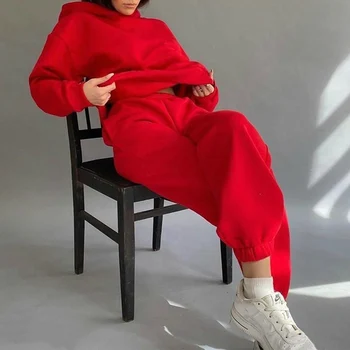 Femei Fleece Hanorac Set Solid Buzunar Frontal cu Maneci Lungi Hoodie Talie Mare Largi Picior Trening Seturi 2020 Toamna iarna ti se Potriveste