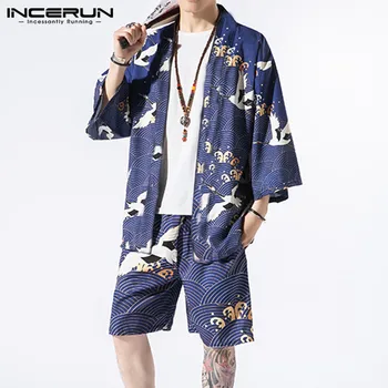 Vintage Imprimate Bărbați Seturi de Camasi cu Maneca 3/4 Liber Kimono Casual pantaloni Scurți Stil Chinezesc de Agrement Streetwear Bărbați Seturi 2021 INCERUN 5XL